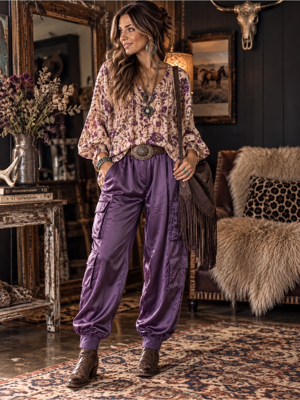 Cinq à Sept Giles Purple Satin Cupro Cargo Jogger Pants Small